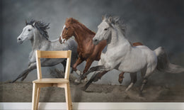 Elegant guest room wall decor featuring running horses wall mural with flowing manes in soft neutral tones, ideal for welcoming modern interiors