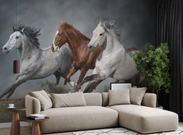Dramatic living room wall decor featuring running horses wall mural with galloping trio in grey brown tones, ideal for western luxury interiors