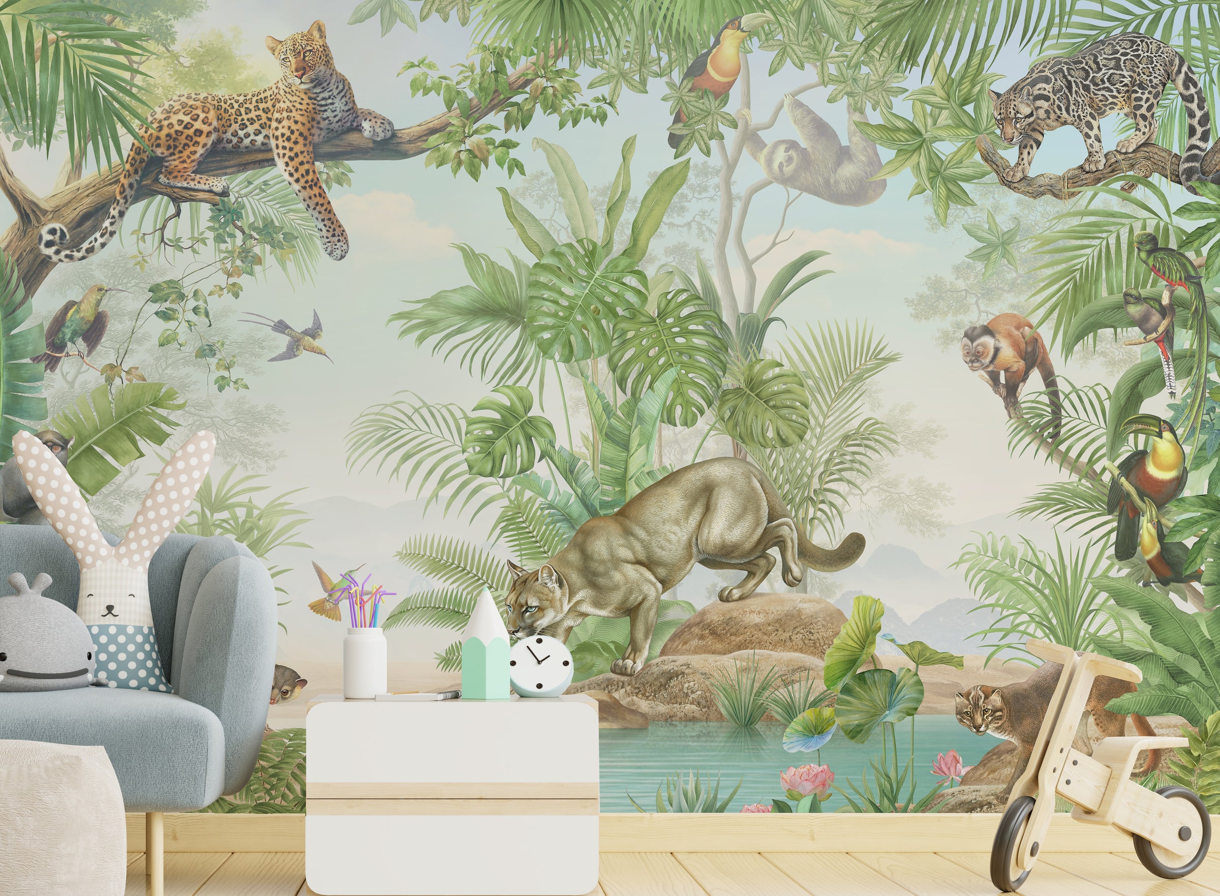 Lively bedroom wall decor featuring jungle safari animals with tropical foliage and wildlife in muted green palette, ideal for kids adventure theme