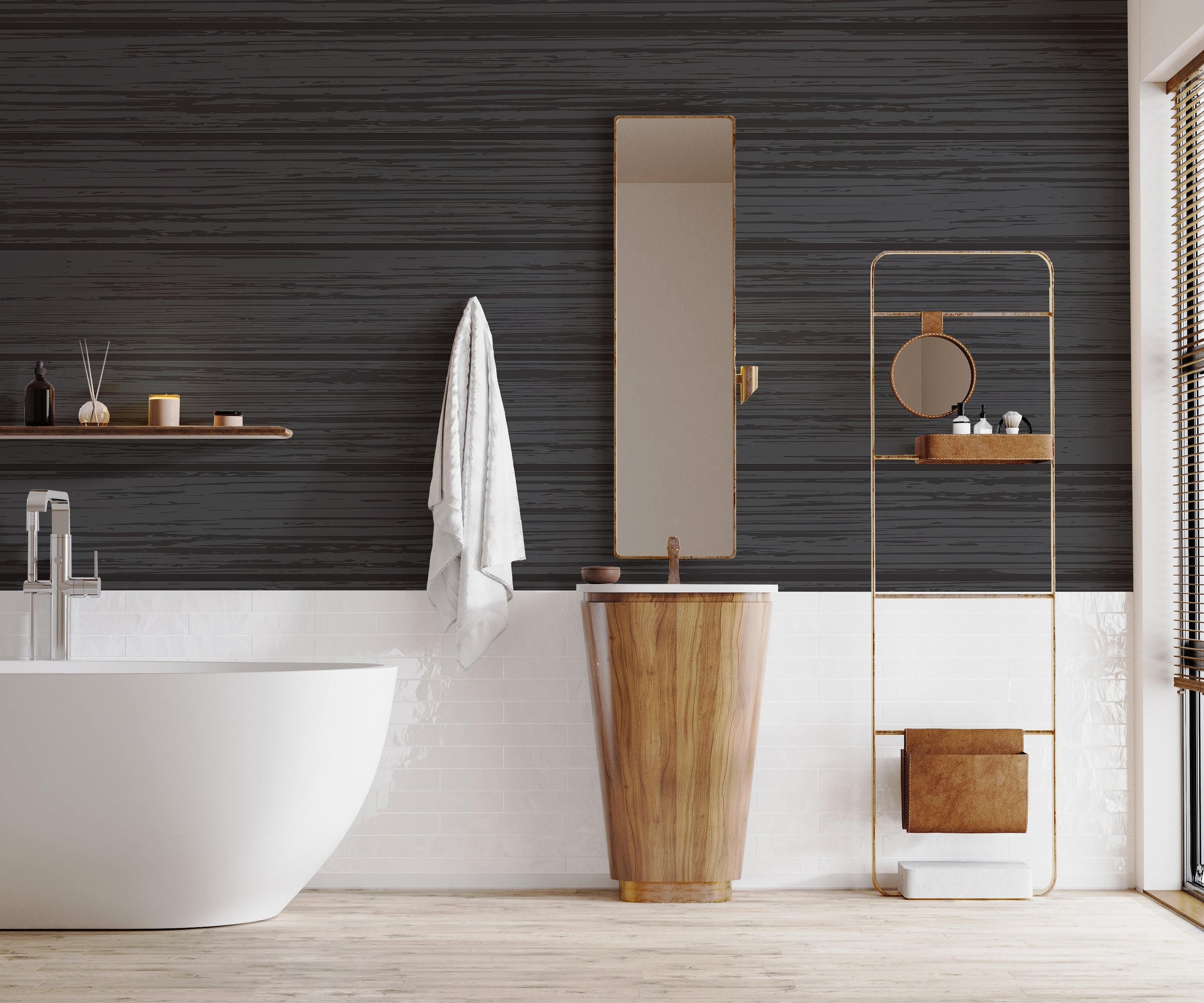 Dark timber-look wall covering adding dramatic contrast and modern elegance to a stylish washroom.