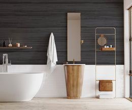 Dark timber-look wall covering adding dramatic contrast and modern elegance to a stylish washroom.