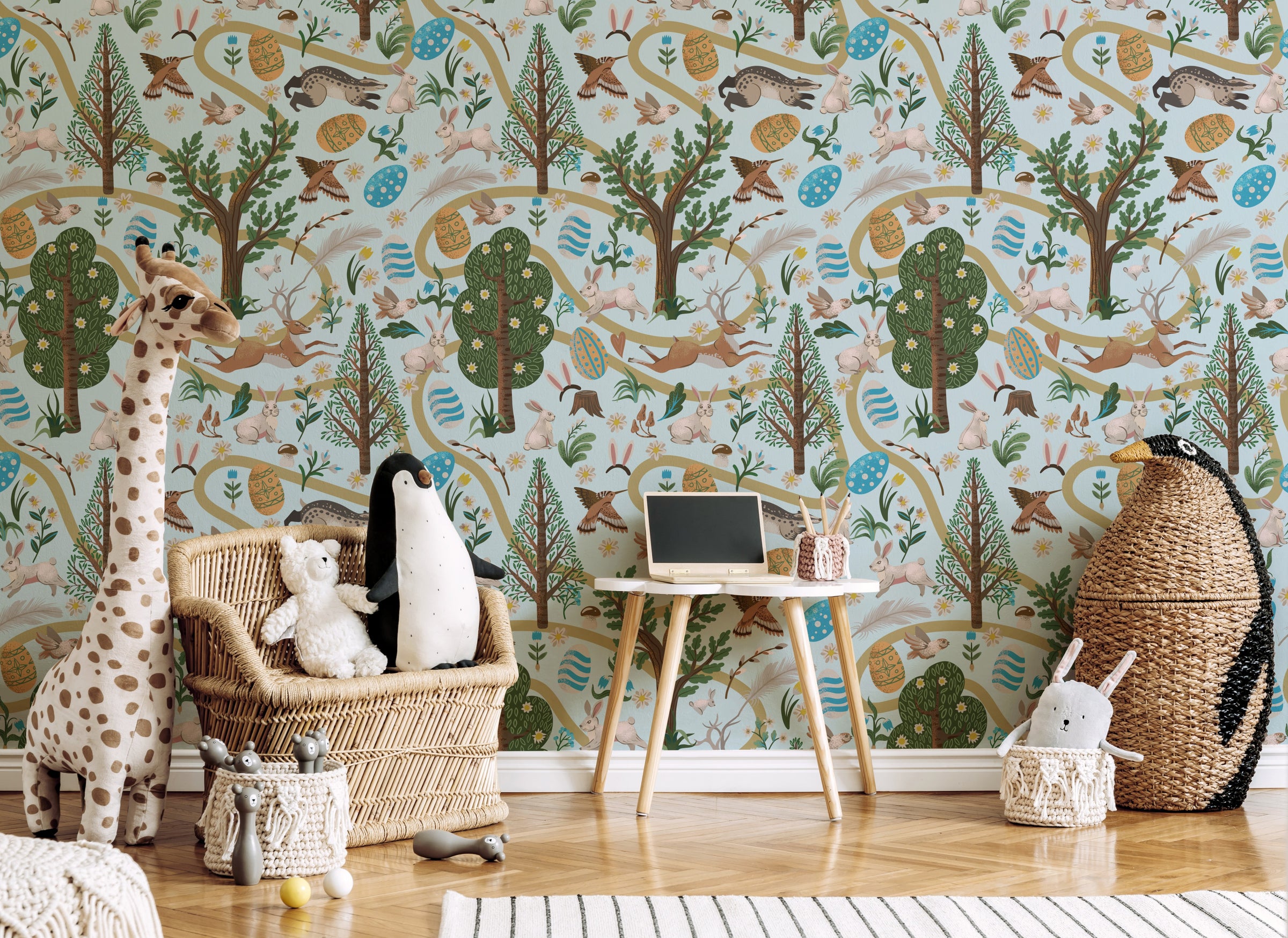 Cute woodland creatures with eggs and birds, pastel themed decor for kids playroom walls