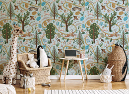 Cute woodland creatures with eggs and birds, pastel themed decor for kids playroom walls