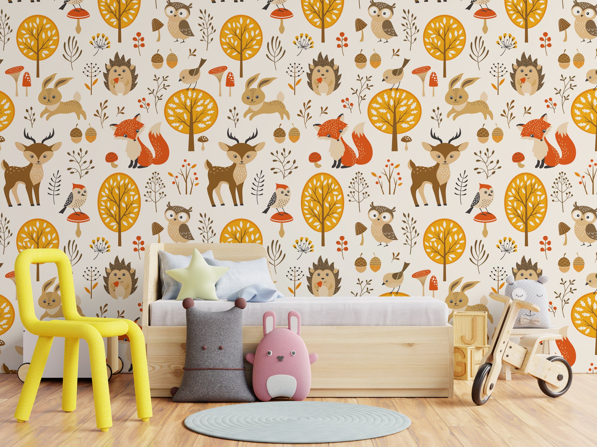 Woodland animal wallpaper with fox deer owl autumn tones kids nursery room decor