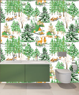 Forest animal wallpaper mural in green shades, stylish bathroom feature wall