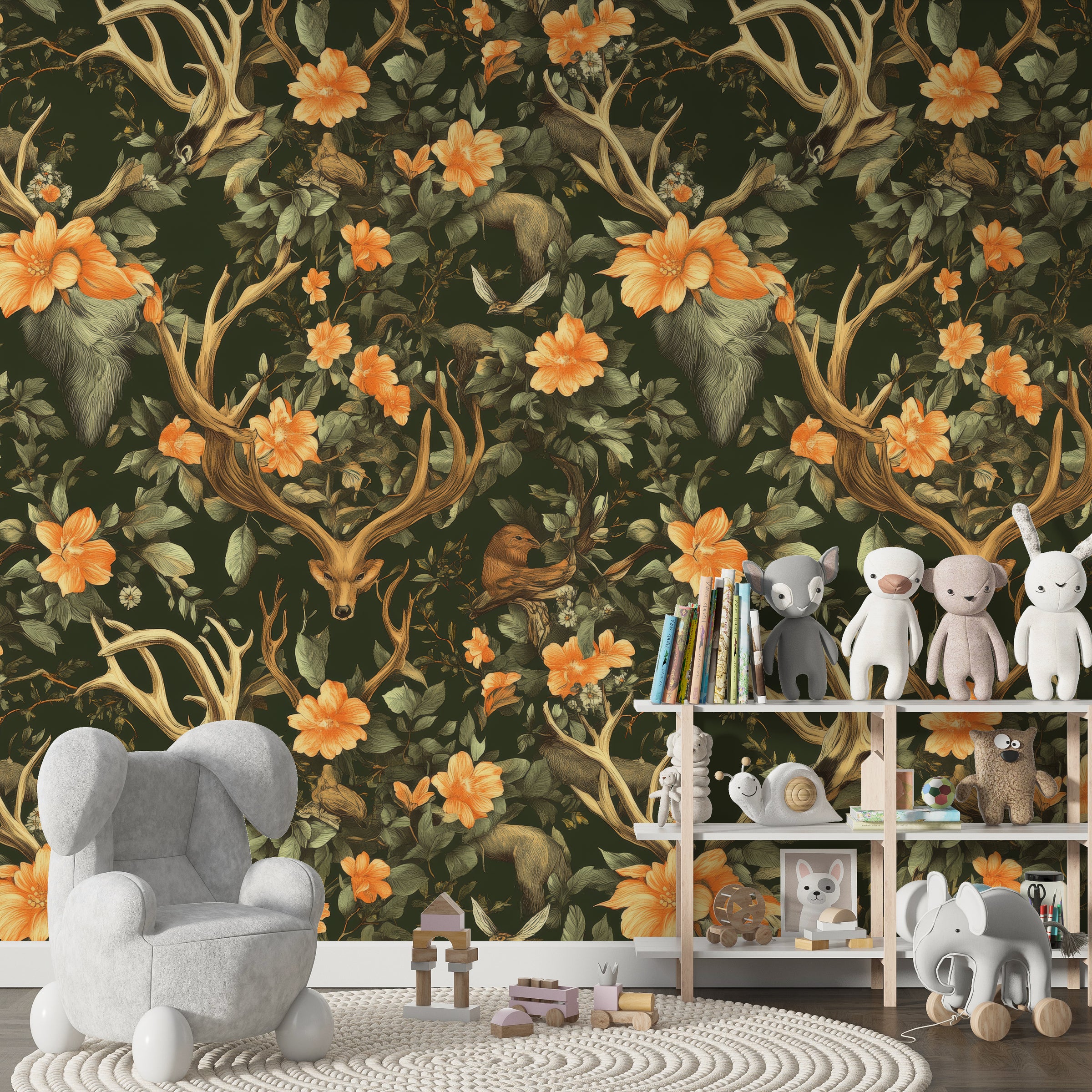 Botanical animal wallpaper with antlers, fox, blooms in green tones for playroom decor