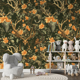 Botanical animal wallpaper with antlers, fox, blooms in green tones for playroom decor