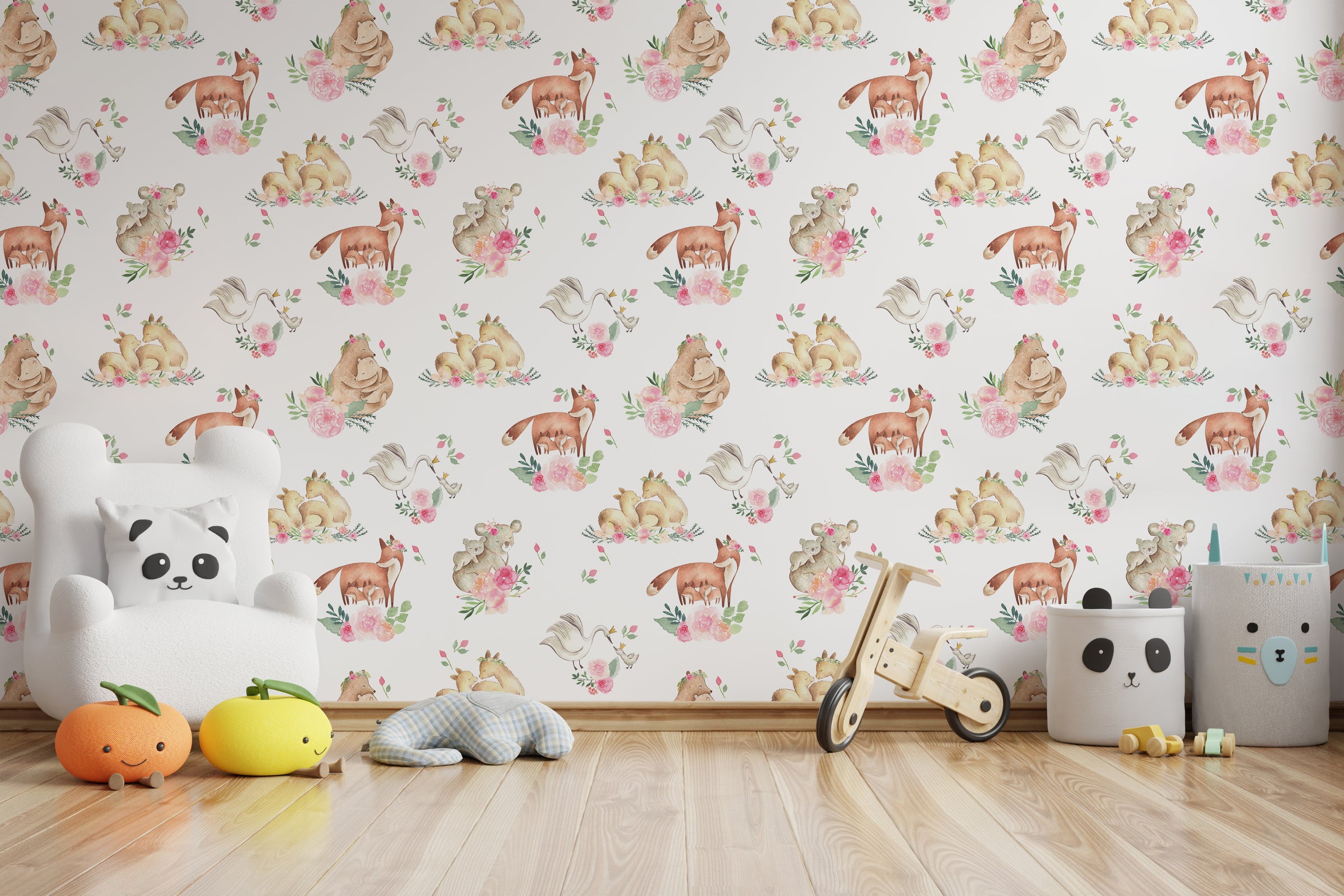 Cozy baby nursery wallpaper featuring soft brown woodland creatures and pink floral pattern, soothing room atmosphere
