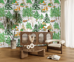 Deer woodland wallpaper mural with earthy tones, cozy reading nook wall decor