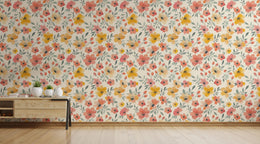 Yellow and Orange Flower Watercolor Pattern Wallpaper For Walls